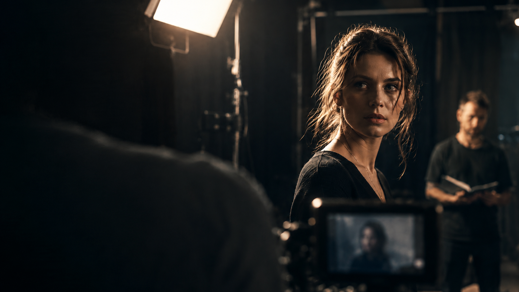Actor on camera in a dark rehearsal room
